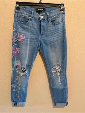 Express Light Blue Boyfriend Jeans with Pink Floral print on one side
